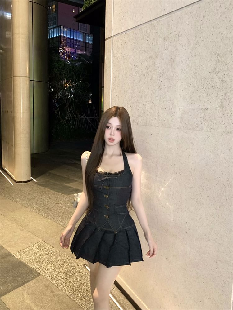 Mini Denim Lace Rise Mid Button-Up / Skirt Top Halter Pleated Low Trim A-Line