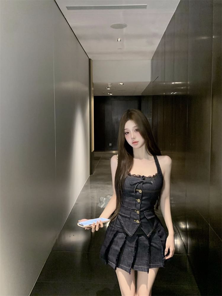 Mini Denim Lace Rise Mid Button-Up / Skirt Top Halter Pleated Low Trim A-Line