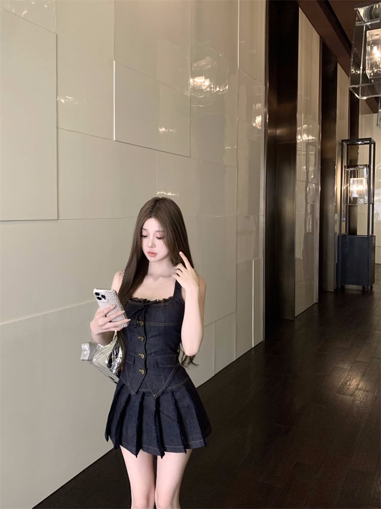 Mini Denim Lace Rise Mid Button-Up / Skirt Top Halter Pleated Low Trim A-Line