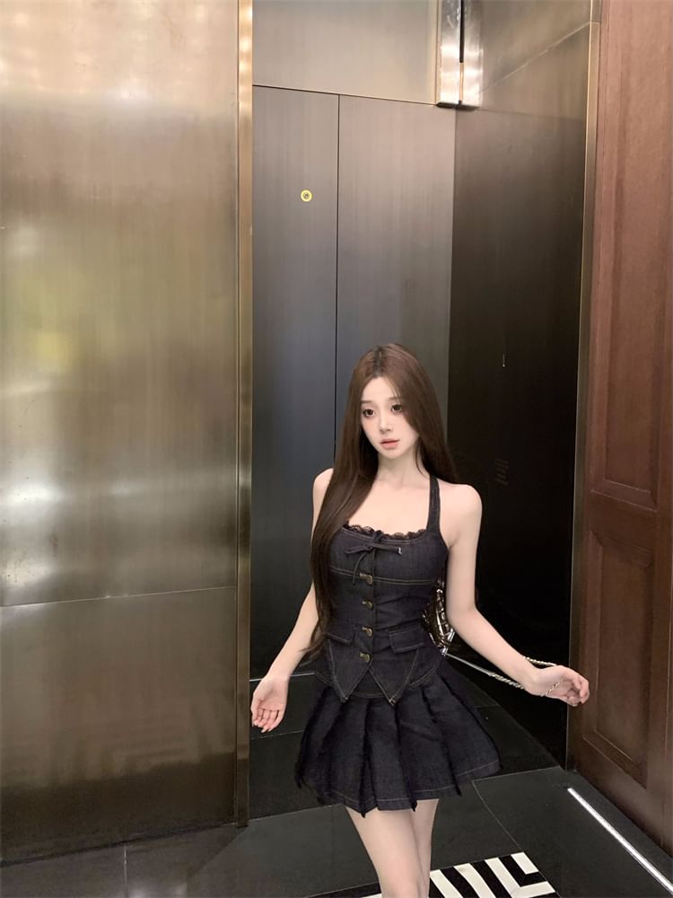 Mini Denim Lace Rise Mid Button-Up / Skirt Top Halter Pleated Low Trim A-Line