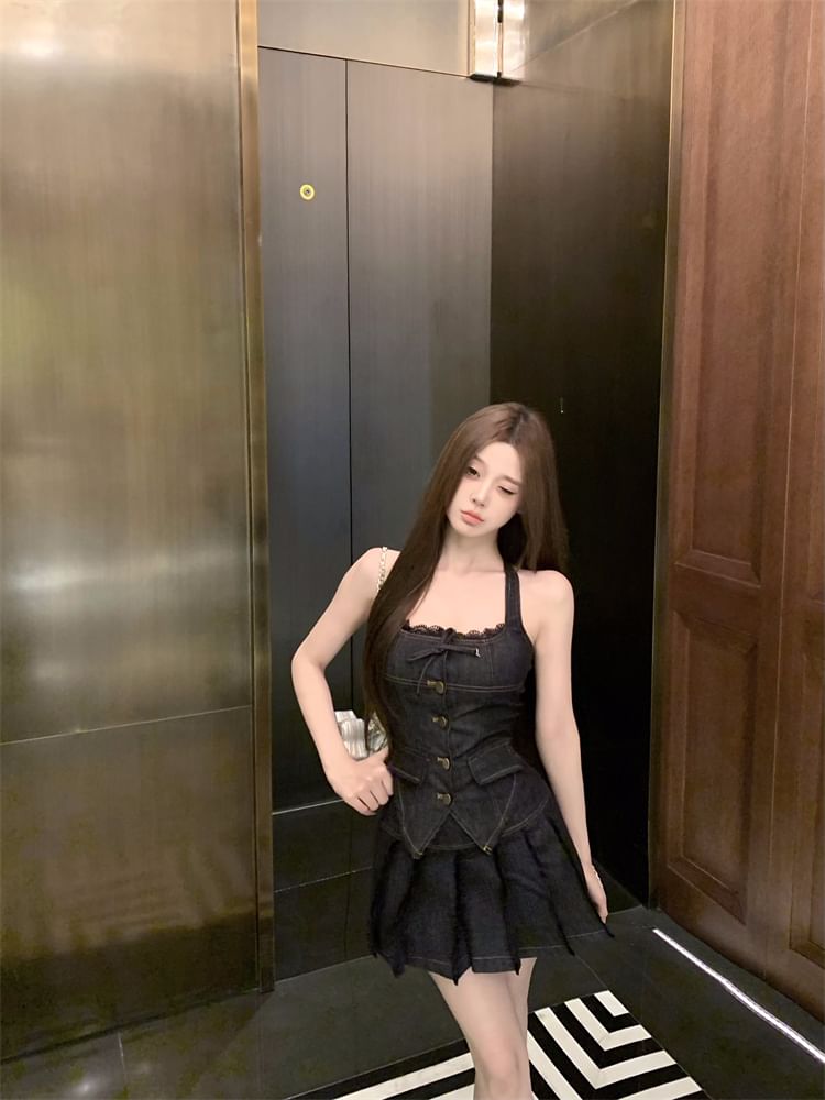 Mini Denim Lace Rise Mid Button-Up / Skirt Top Halter Pleated Low Trim A-Line