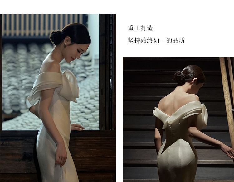 Off Trained Wedding Trumpet Shoulder Gown