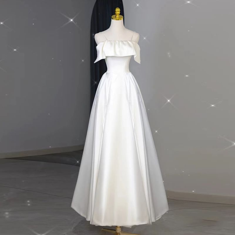 Gown Wedding Spaghetti Strap Ruffle Plain A-Line