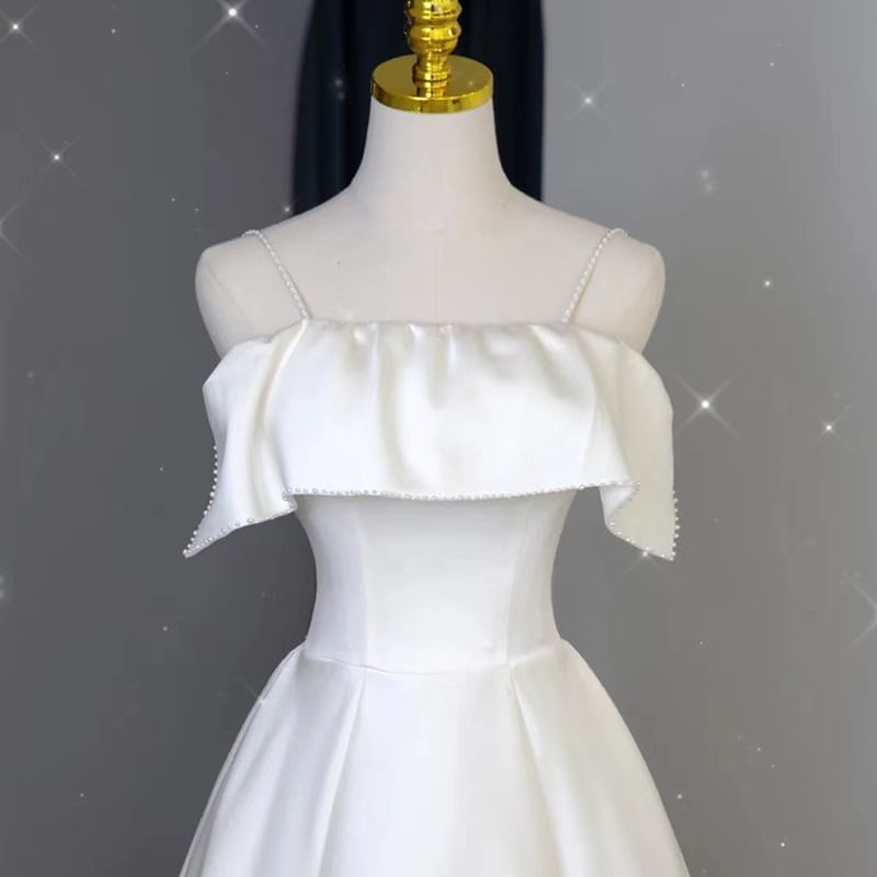 Gown Wedding Spaghetti Strap Ruffle Plain A-Line