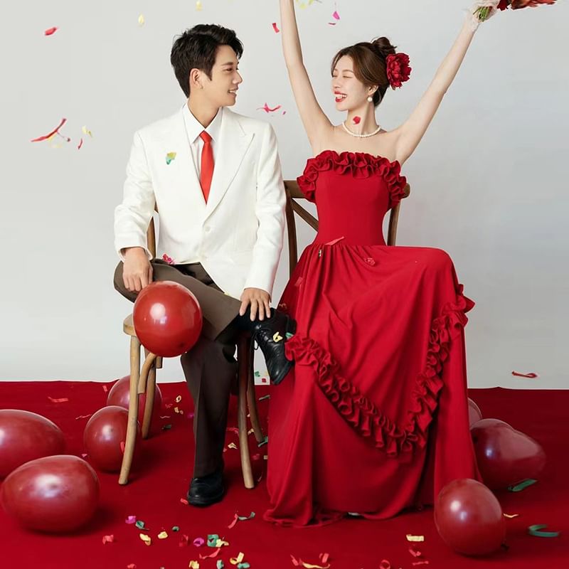 Trim Frill Strapless Evening A-Line Gown Plain