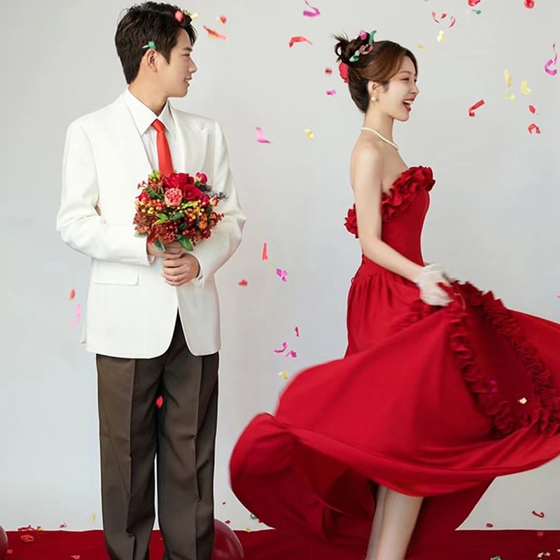 Trim Frill Strapless Evening A-Line Gown Plain