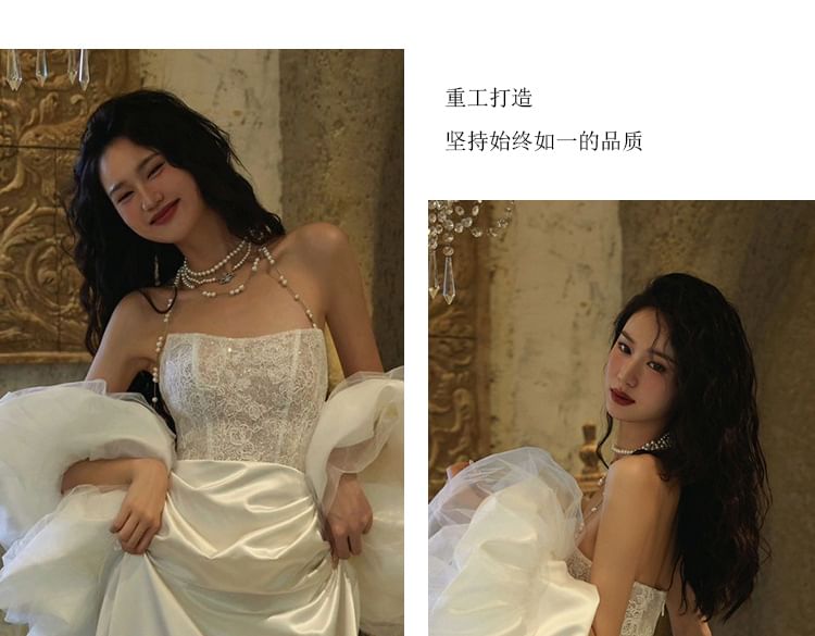 A-Line Lace Neck Trained Halter Evening Gown