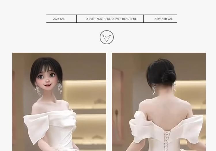 Trained A-Line Shoulder Wedding Gown Off