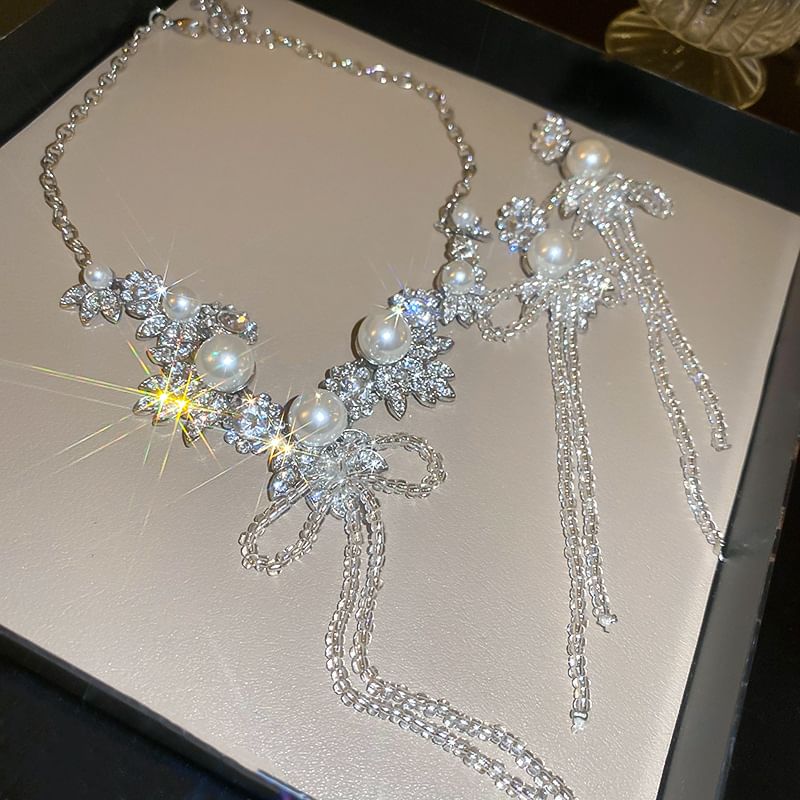 Drop / Rhinestone Ribbon Necklace Earring