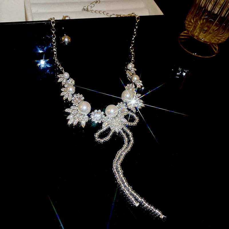 Drop / Rhinestone Ribbon Necklace Earring