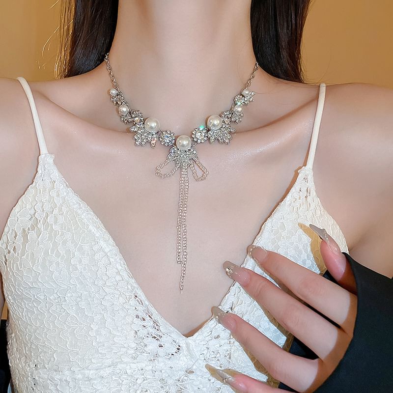 Drop / Rhinestone Ribbon Necklace Earring