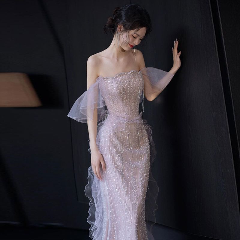 Off Shoulder Ruffle Trim Mermaid Evening Gown