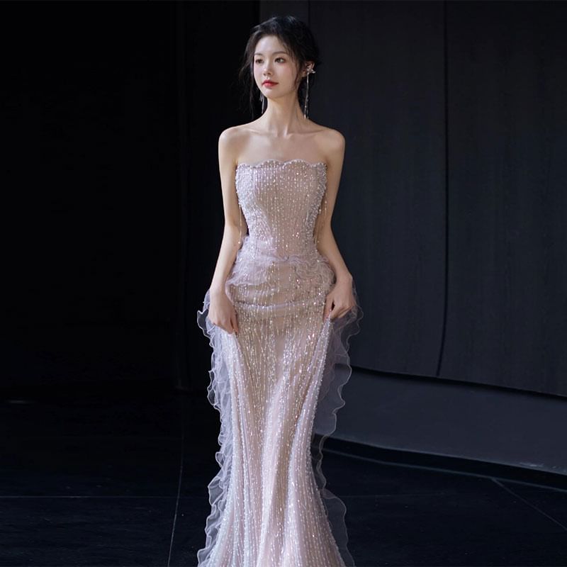 Trim Mermaid Evening Off Shoulder Gown Ruffle