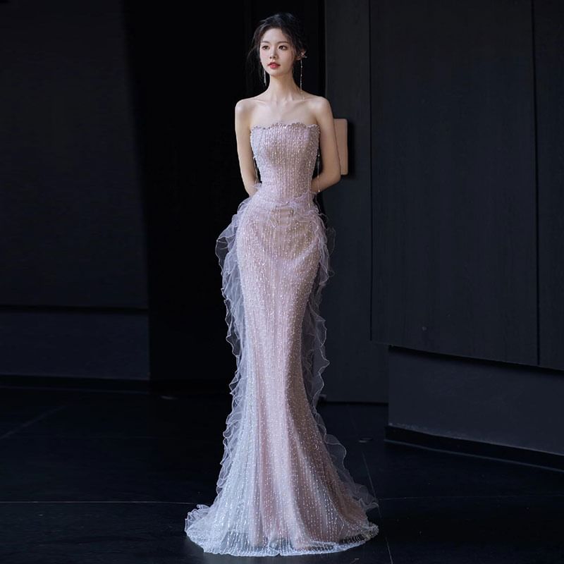 Off Shoulder Ruffle Trim Mermaid Evening Gown