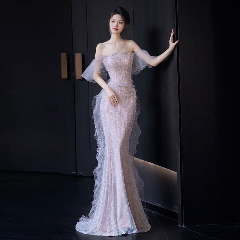 Off Shoulder Ruffle Trim Mermaid Evening Gown