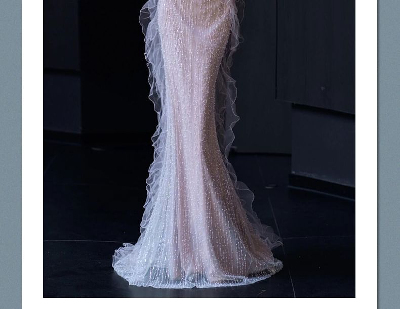 Off Shoulder Ruffle Trim Mermaid Evening Gown