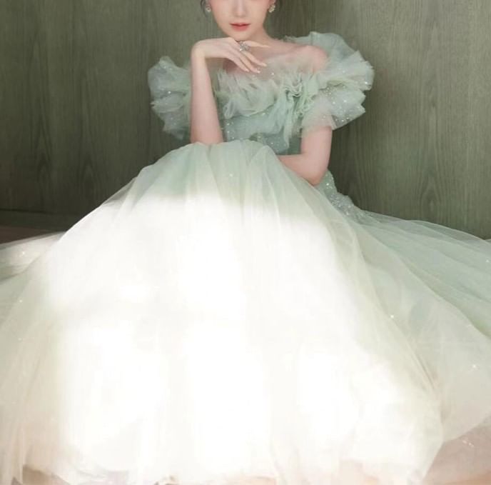 Ruffle A-Line Evening Shoulder Off Trim Gown