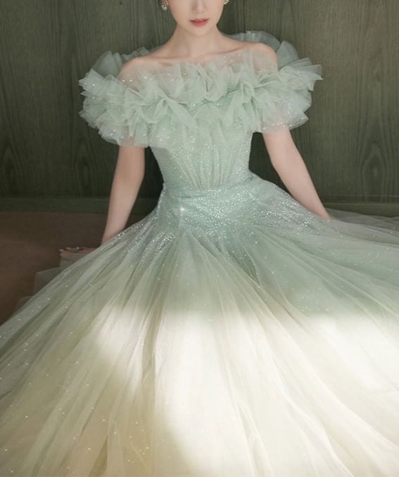 Ruffle A-Line Evening Shoulder Off Trim Gown