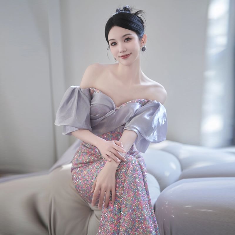 Off-Shoulder Mermaid Sequin Gown Evening