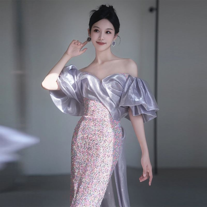 Gown Sequin Evening Mermaid Off-Shoulder