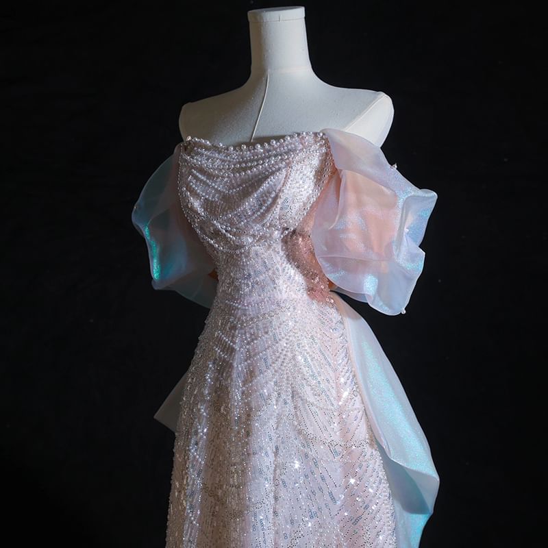 Off-Shoulder Sequin Beaded A-Line Evening Gown