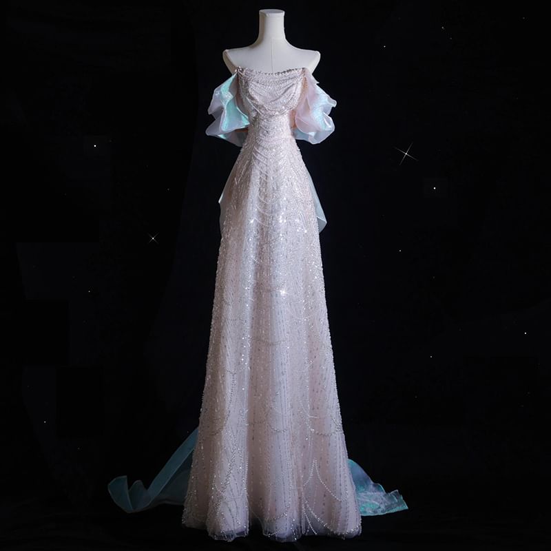 Off-Shoulder Sequin Beaded A-Line Evening Gown