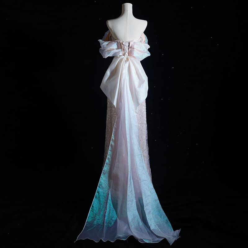 Off-Shoulder Sequin Beaded A-Line Evening Gown