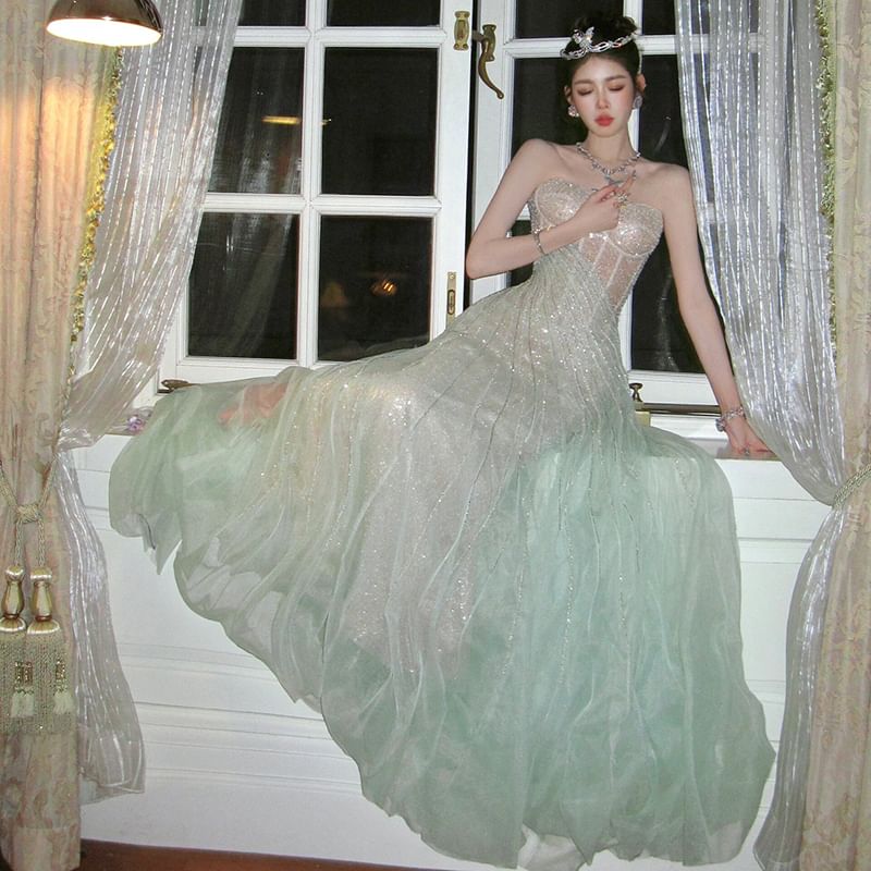 Strapless Evening Sequin A-Line Gown