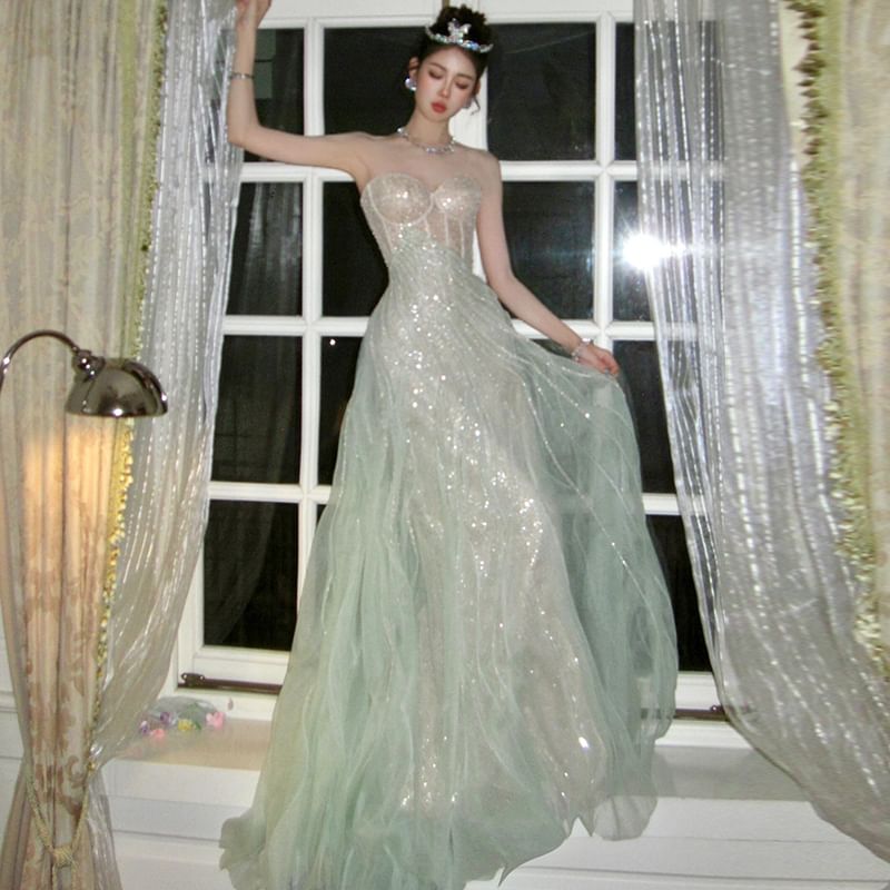 Strapless Evening Sequin A-Line Gown