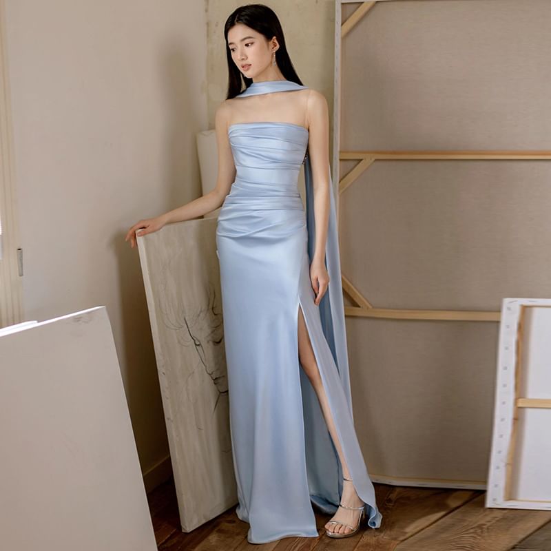 Sheath Evening Ruched Side-Slit Mesh Sleeveless Panel Gown Plain