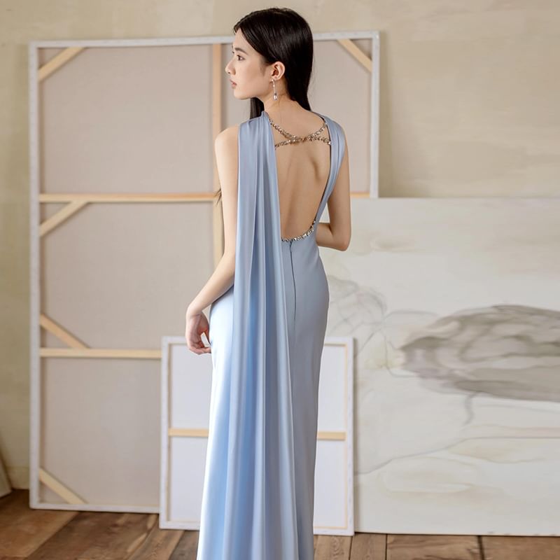 Sheath Evening Ruched Side-Slit Mesh Sleeveless Panel Gown Plain