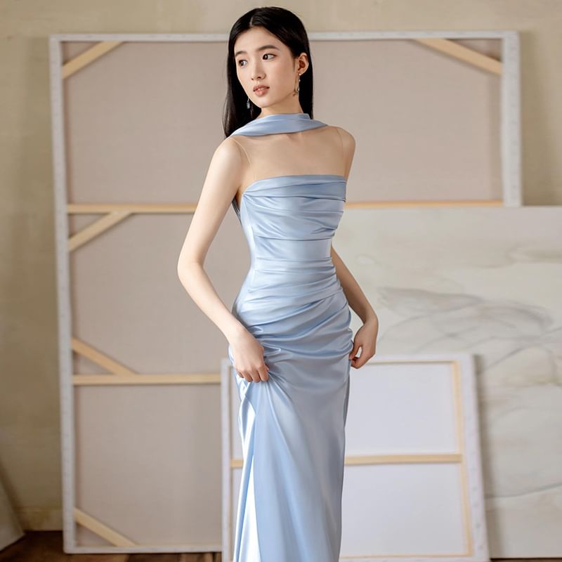 Sleeveless Plain Mesh Panel Ruched Side-Slit Sheath Evening Gown