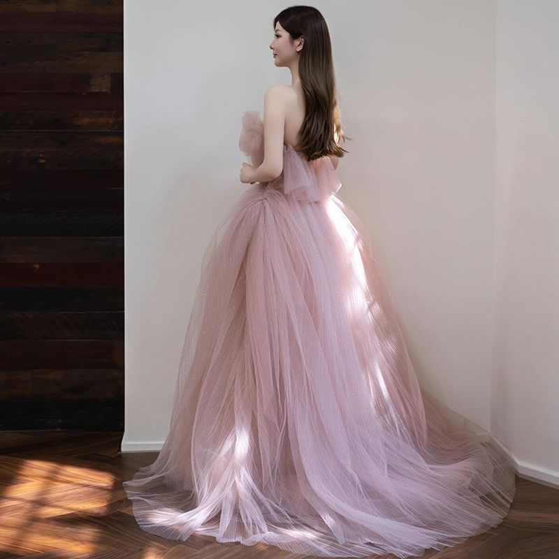 A-Line Mesh Gown Strapless Ball Glitter