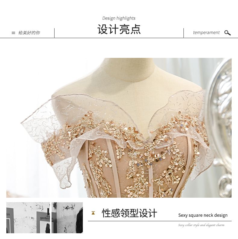 Gown Mesh Shoulder Short-Sleeve Off Sequin Evening A-Line