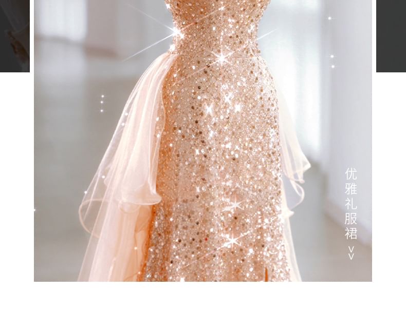 Mesh Panel Evening Strap Designs) (Various Sequin A-Line Spaghetti Gown