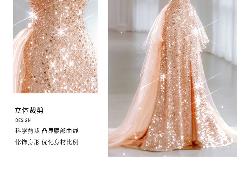 Mesh Panel Evening Strap Designs) (Various Sequin A-Line Spaghetti Gown