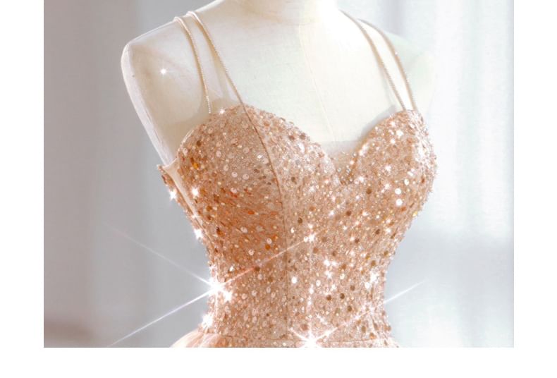 Mesh Panel Evening Strap Designs) (Various Sequin A-Line Spaghetti Gown