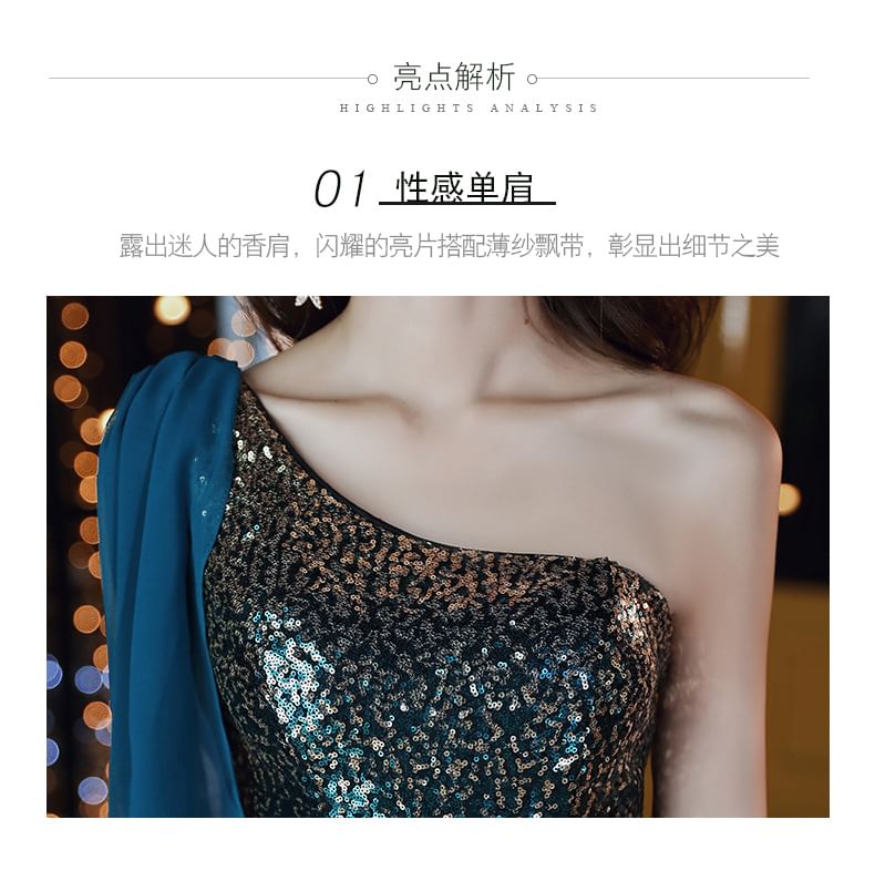 Shoulder One Mermaid Sleeveless Gown Sequin Evening Gradient