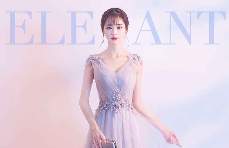 V-Neck Mesh / Evening Ruched Plain Floral Mini Applique Gown Cocktail Sleeveless A-Line Dress