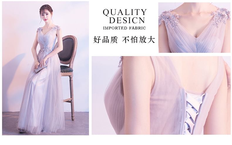 V-Neck Mesh / Evening Ruched Plain Floral Mini Applique Gown Cocktail Sleeveless A-Line Dress