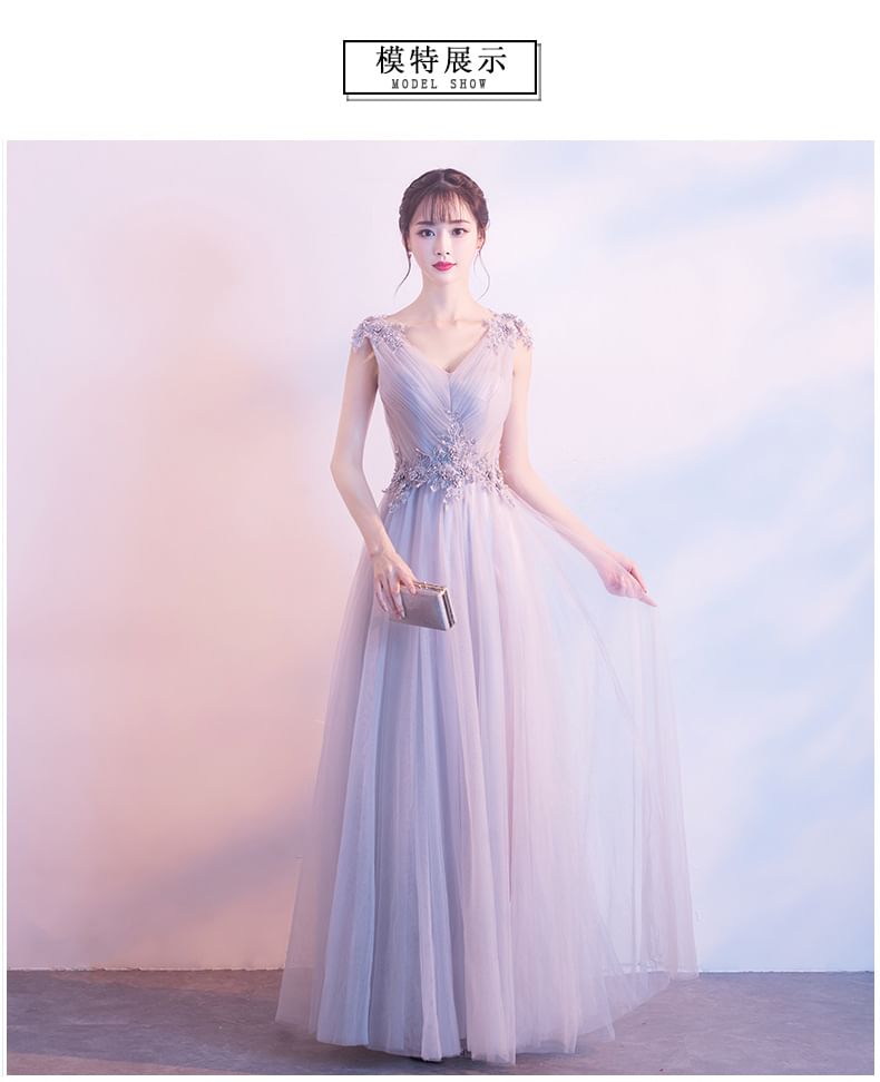 V-Neck Mesh / Evening Ruched Plain Floral Mini Applique Gown Cocktail Sleeveless A-Line Dress