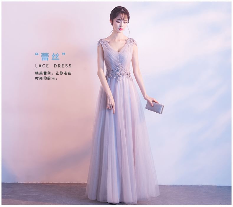 V-Neck Mesh / Evening Ruched Plain Floral Mini Applique Gown Cocktail Sleeveless A-Line Dress