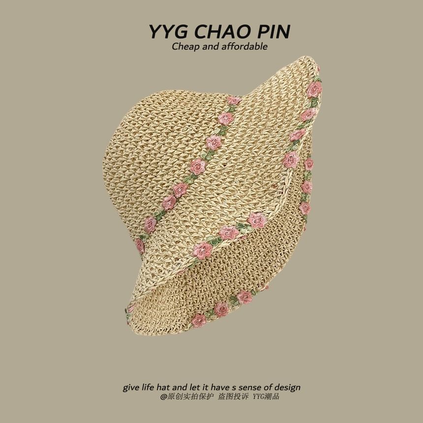 Floral Straw Hat Embroidered Sun