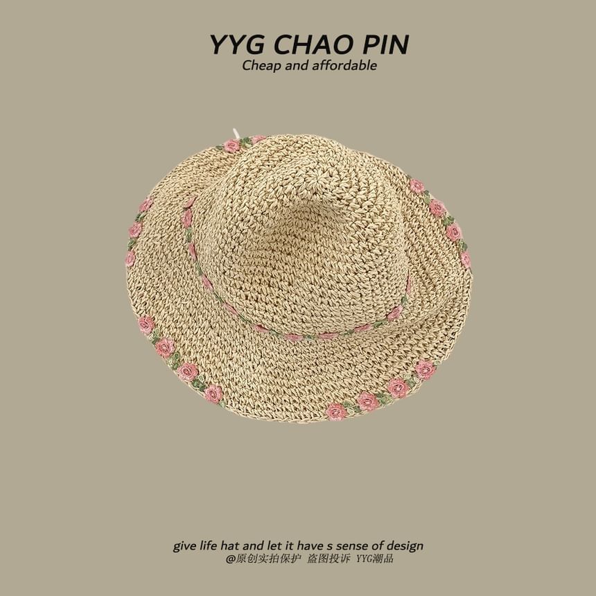 Floral Straw Hat Embroidered Sun