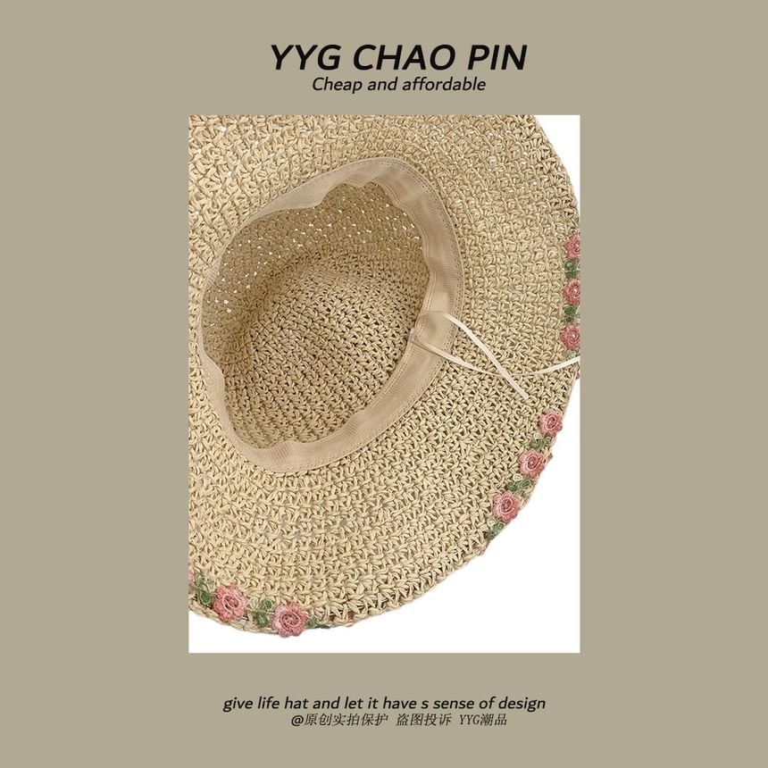 Floral Straw Hat Embroidered Sun