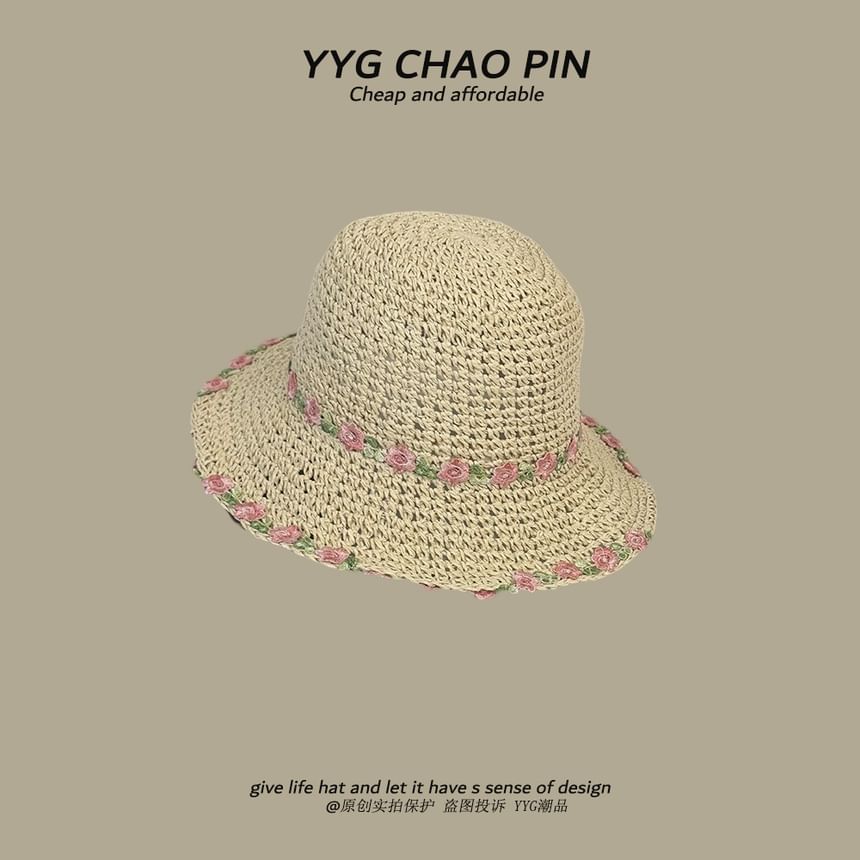 Floral Straw Hat Embroidered Sun