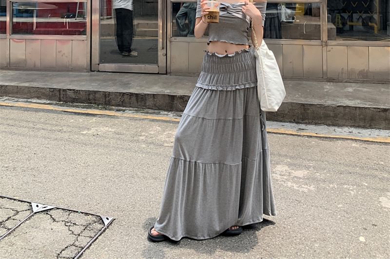 Rise Plain Shoulder Twist / Off Ruched Midi Top Skirt A-Line