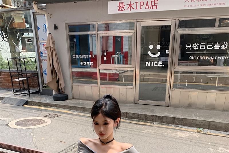 Rise Plain Shoulder Twist / Off Ruched Midi Top Skirt A-Line