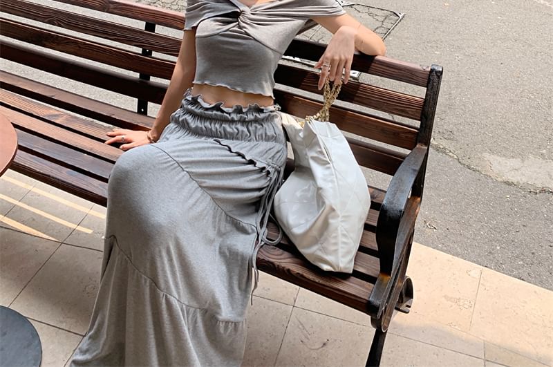 Rise Plain Shoulder Twist / Off Ruched Midi Top Skirt A-Line