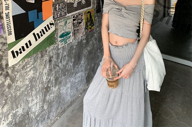 Rise Plain Shoulder Twist / Off Ruched Midi Top Skirt A-Line